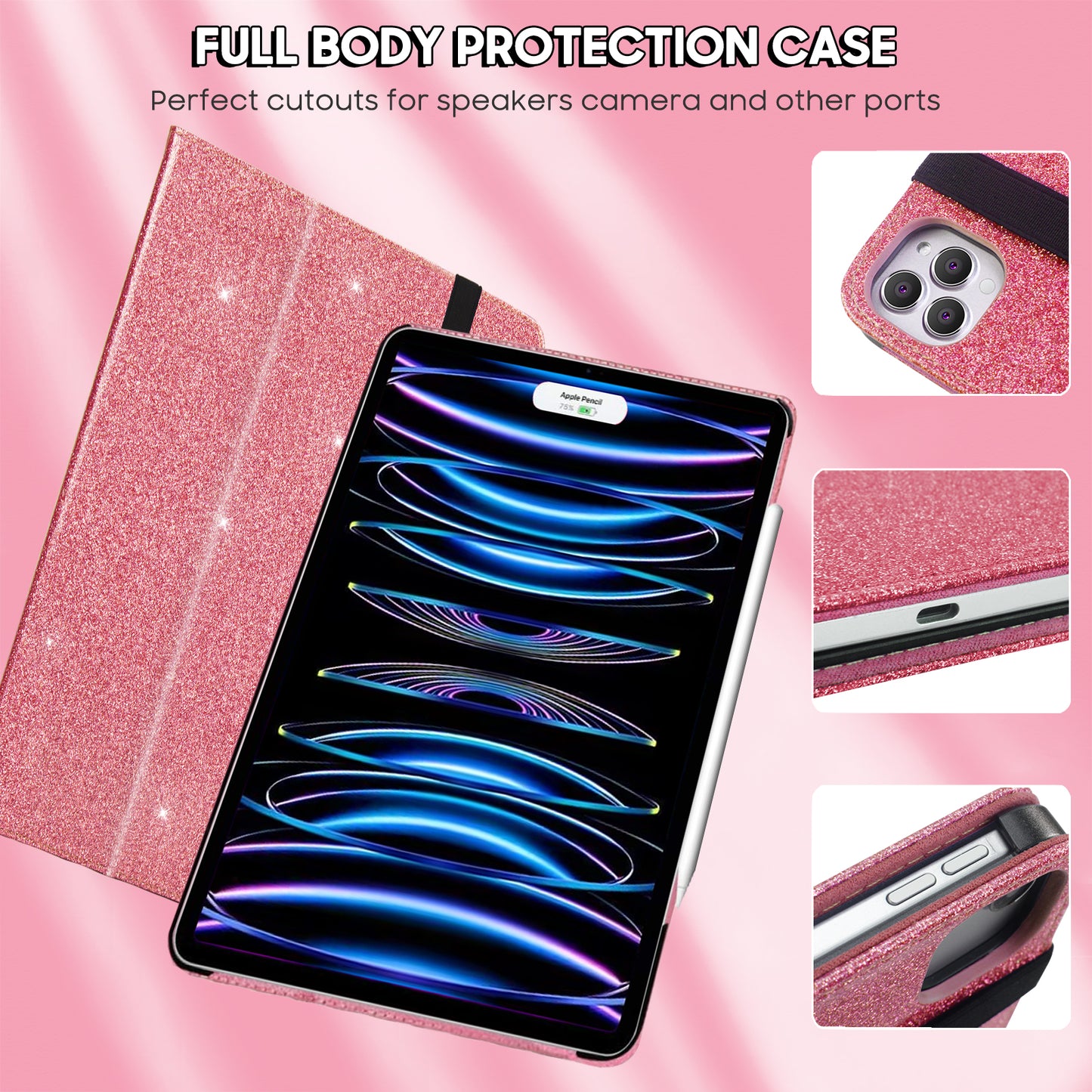 FANSONG Case for iPad Air 13 2024,Cover for iPad Pro 12.9 inch 2022 2021 2020 2018 With Auto Sleep/Wake PU Leather Glitter Smart Cover Flip Slim Pencil Slot for iPad Pro 12.9 6th 5th 4th 3rd