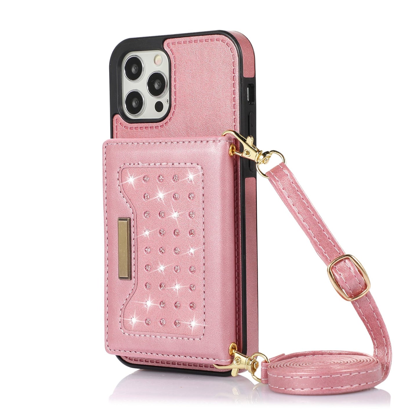 Stylish Leather Wallet Phone Case with Shoulder Strap for iPhone 11/12/13/14 - Pink Bling Design for Women on the Go