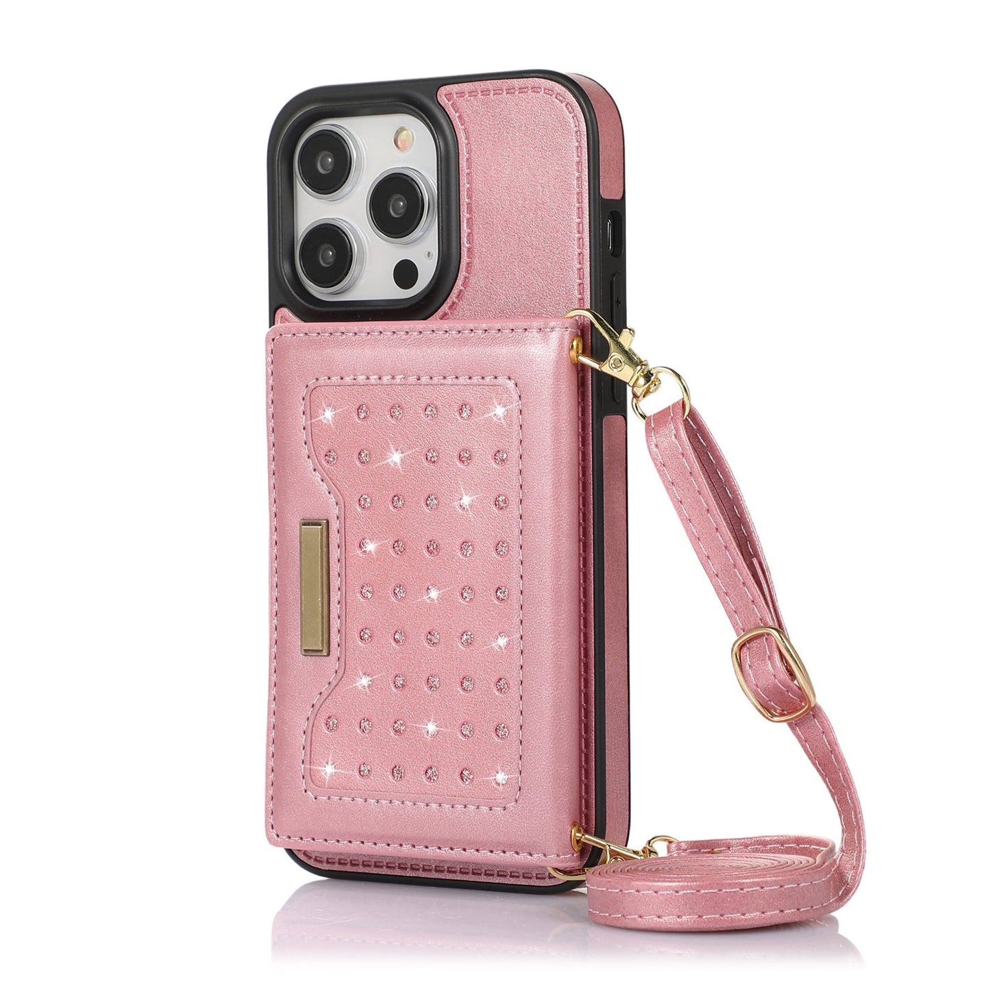 Stylish Leather Wallet Phone Case with Shoulder Strap for iPhone 11/12/13/14 - Pink Bling Design for Women on the Go