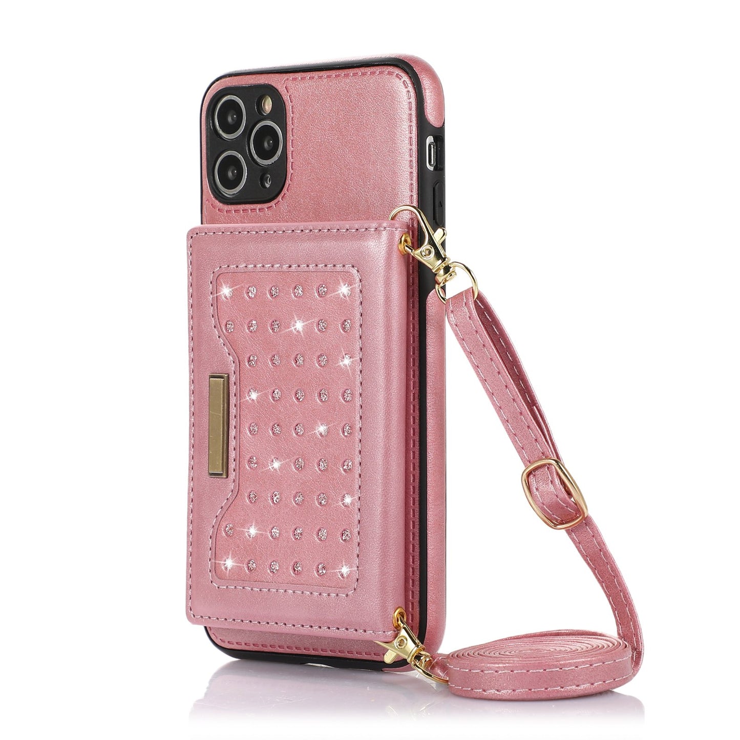 Stylish Leather Wallet Phone Case with Shoulder Strap for iPhone 11/12/13/14 - Pink Bling Design for Women on the Go