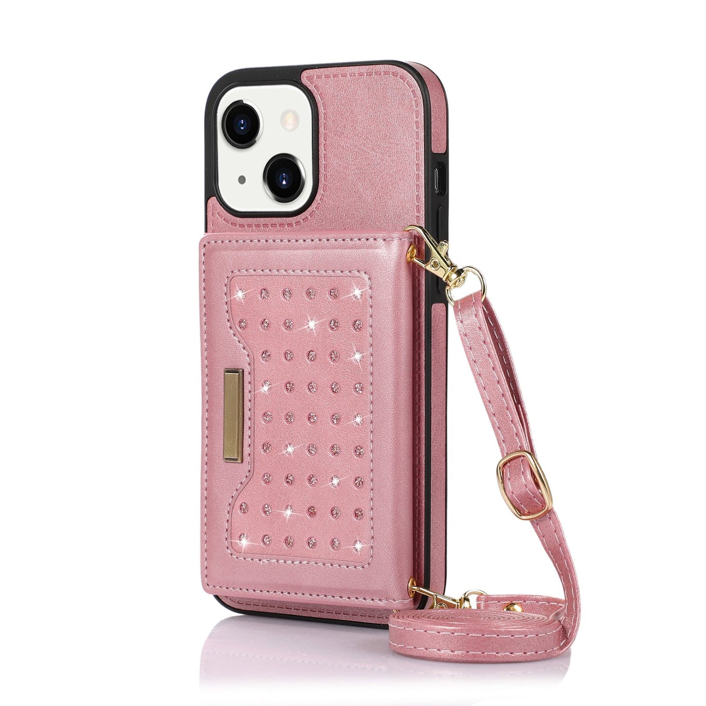 Stylish Leather Wallet Phone Case with Shoulder Strap for iPhone 11/12/13/14 - Pink Bling Design for Women on the Go