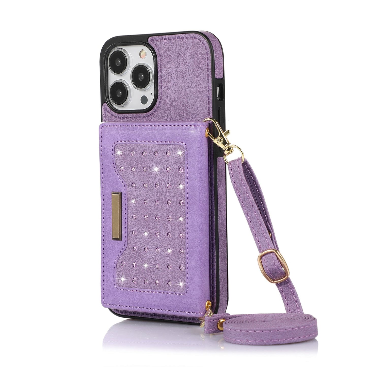 Stylish Leather Wallet Phone Case with Shoulder Strap for iPhone 11/12/13/14 - Pink Bling Design for Women on the Go