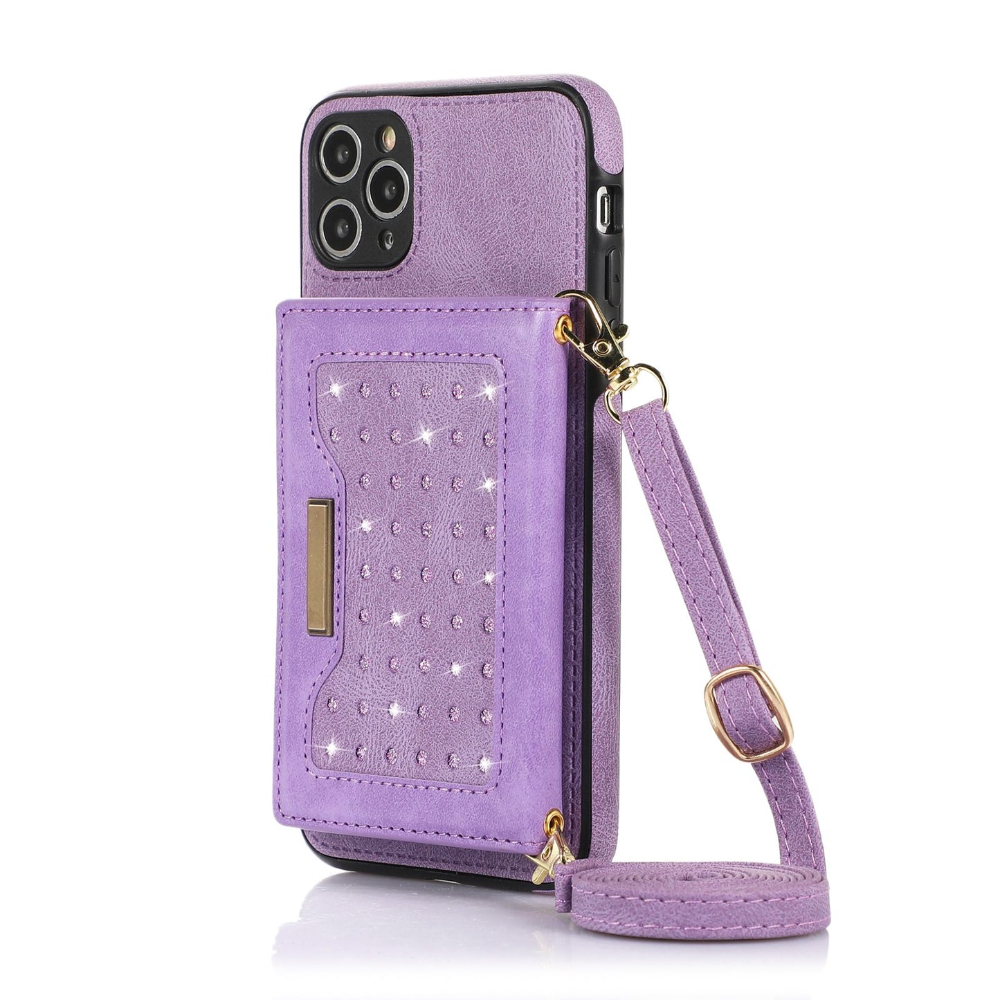 Stylish Leather Wallet Phone Case with Shoulder Strap for iPhone 11/12/13/14 - Pink Bling Design for Women on the Go