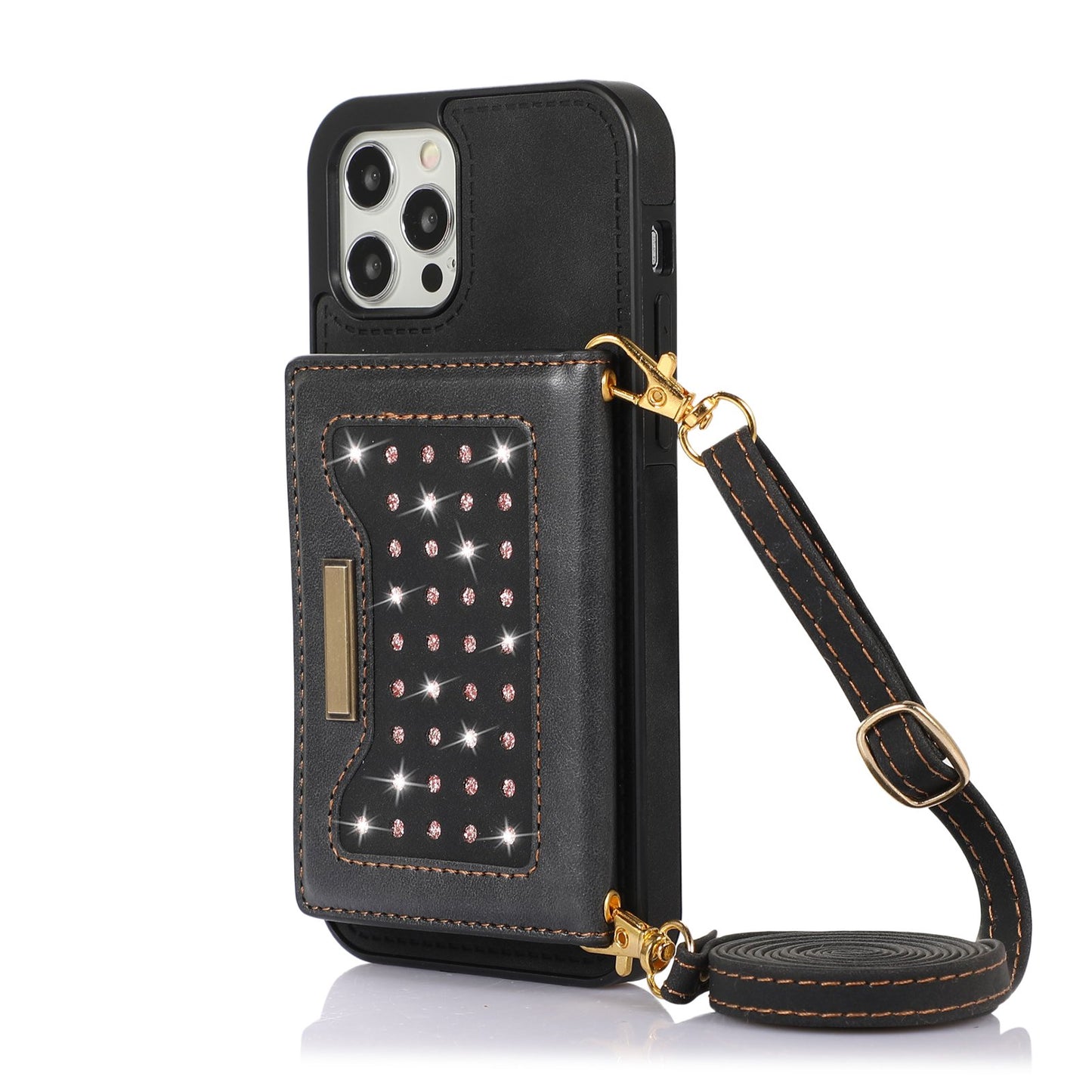 Stylish Leather Wallet Phone Case with Shoulder Strap for iPhone 11/12/13/14 - Pink Bling Design for Women on the Go