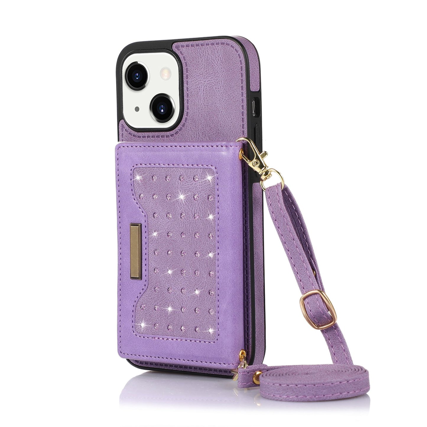 Stylish Leather Wallet Phone Case with Shoulder Strap for iPhone 11/12/13/14 - Pink Bling Design for Women on the Go