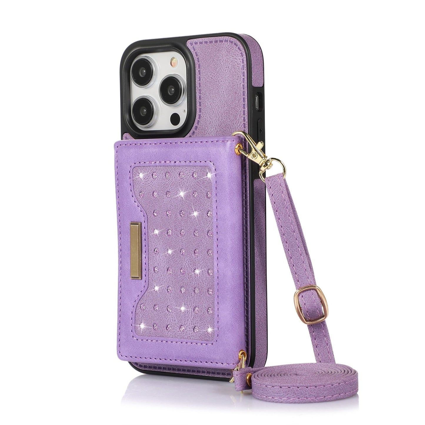 Stylish Leather Wallet Phone Case with Shoulder Strap for iPhone 11/12/13/14 - Pink Bling Design for Women on the Go