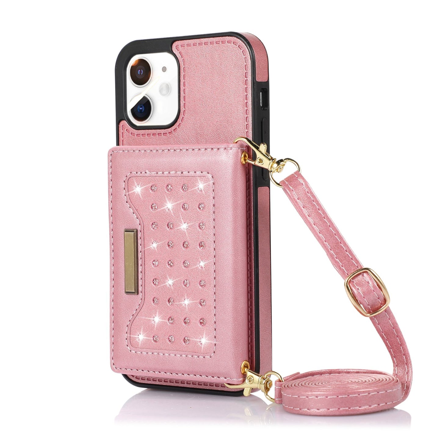 Stylish Leather Wallet Phone Case with Shoulder Strap for iPhone 11/12/13/14 - Pink Bling Design for Women on the Go