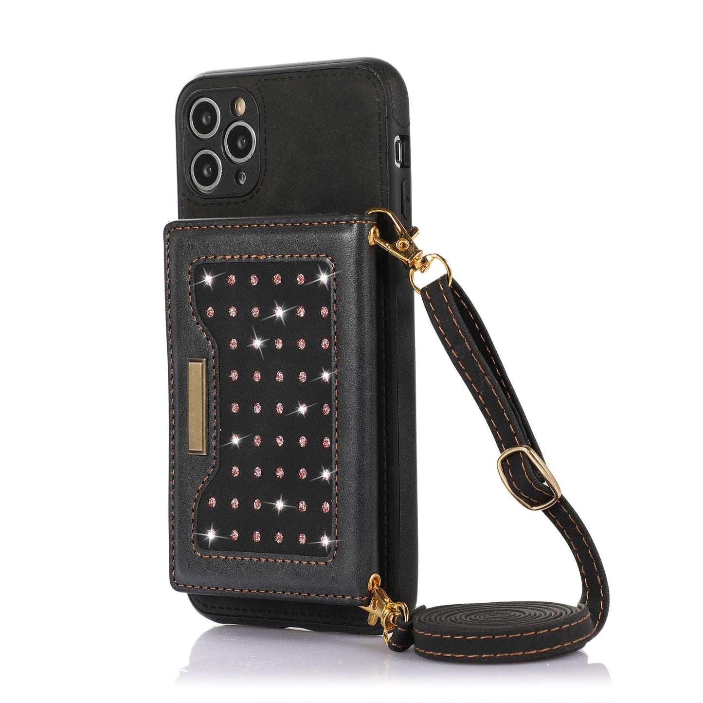 Stylish Leather Wallet Phone Case with Shoulder Strap for iPhone 11/12/13/14 - Pink Bling Design for Women on the Go