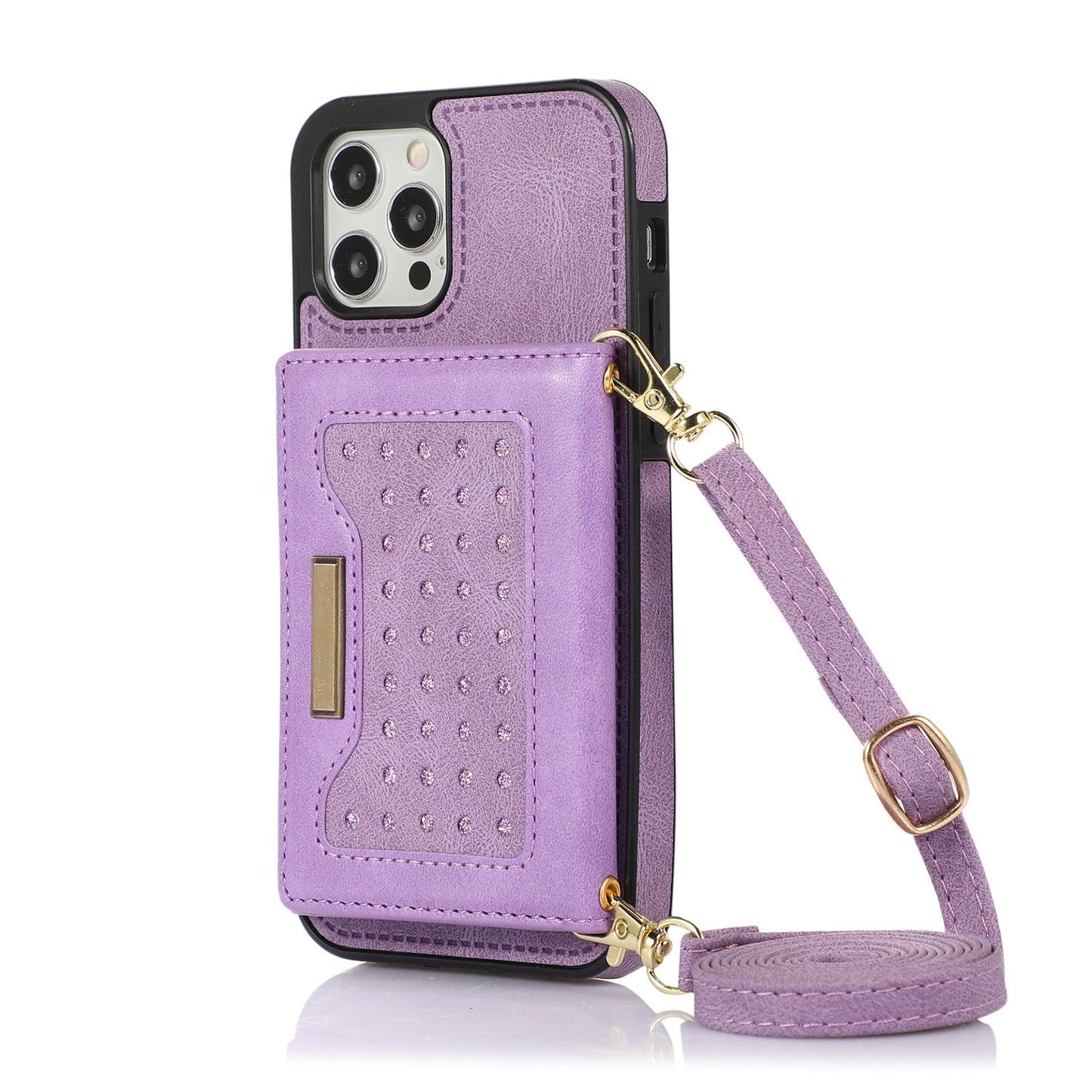 Stylish Leather Wallet Phone Case with Shoulder Strap for iPhone 11/12/13/14 - Pink Bling Design for Women on the Go