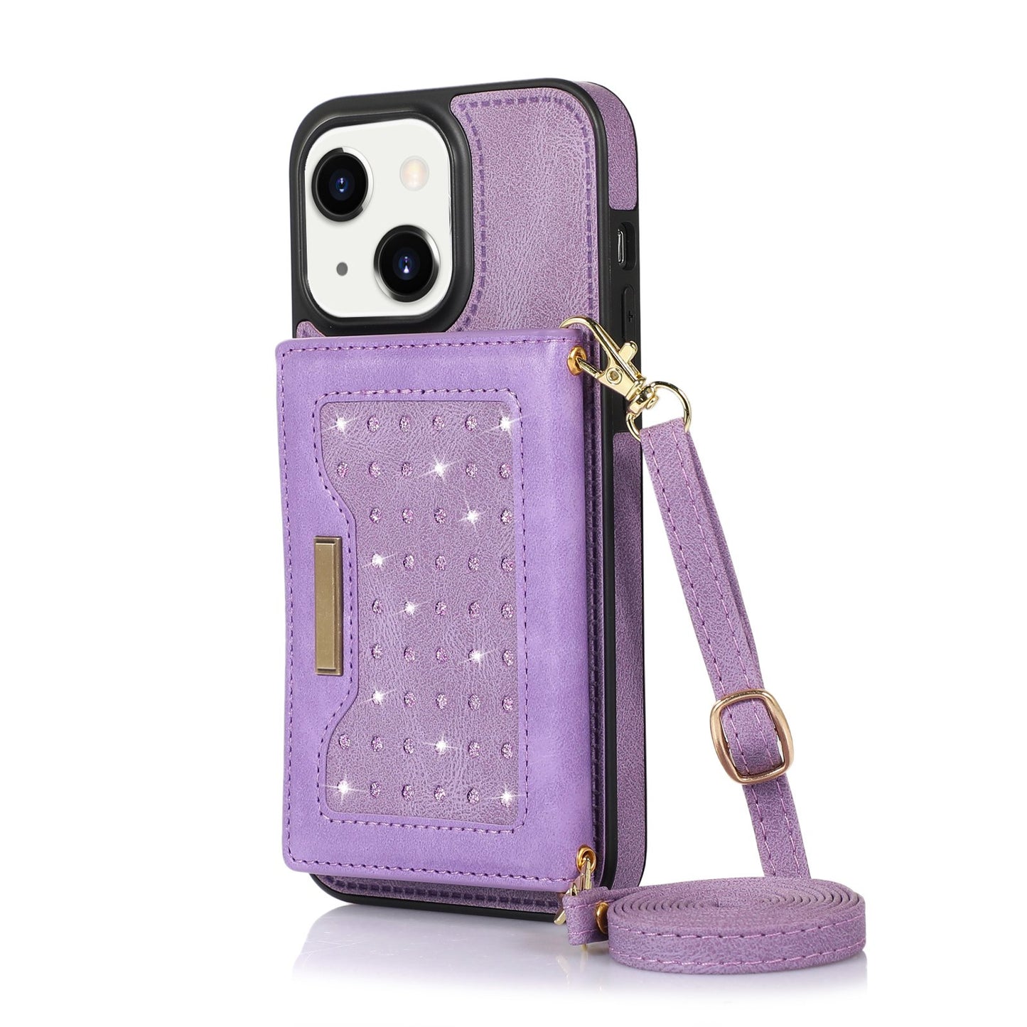 Stylish Leather Wallet Phone Case with Shoulder Strap for iPhone 11/12/13/14 - Pink Bling Design for Women on the Go