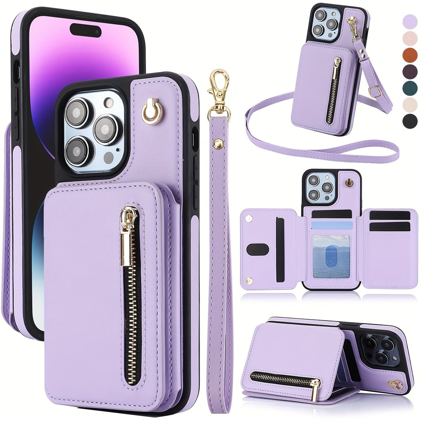 Crossbody PU Leather Back Case For IPhone 15 14 13 12 11 Pro X XS Max XR 8 7 Plus Ultra SE SE2 SE3 5G 2022 2020 Zipper Lanyard Wallet Card Slot Magnetic Stand Phone Cover