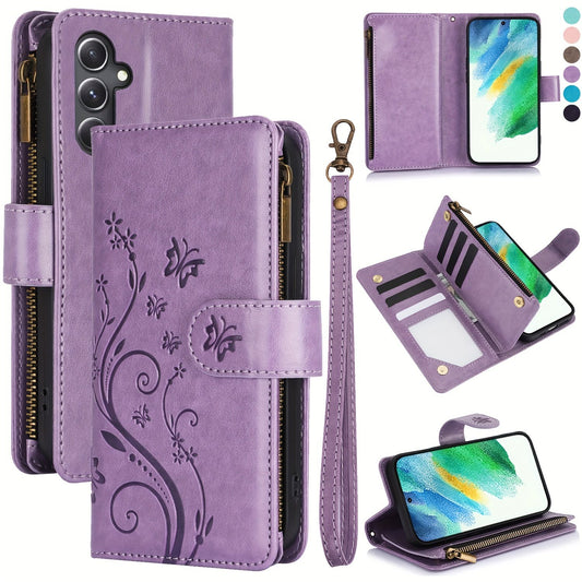 Butterfly Flower PU Leather Zipper Wallet Case For Samsung Galaxy S24/ S23/ S22/ S21/ S20 FE Ultra/ S10/S9 Plus Lanyard Flip Card Slot Stand Magnetic Phone Cover