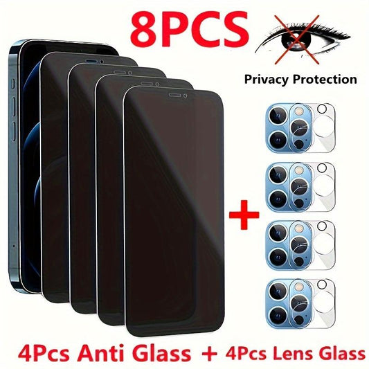 8PCS Full Coverage Anti-Peeping Tempered Glass For iPhone 11 12 13 14 15 Pro Max Glass And Full Covergar Camera Lens Glass For iPhone 11 12 13 14 15 Pro Max Glsas Film 14 15 Plus