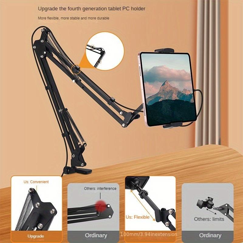 Adjustable Metal Tablet and Phone Stand with Long Arm for Bed, Desk, and Desktop Use - Perfect for Watching Videos, Reading, and Video Calls - Includes Microphone Holder