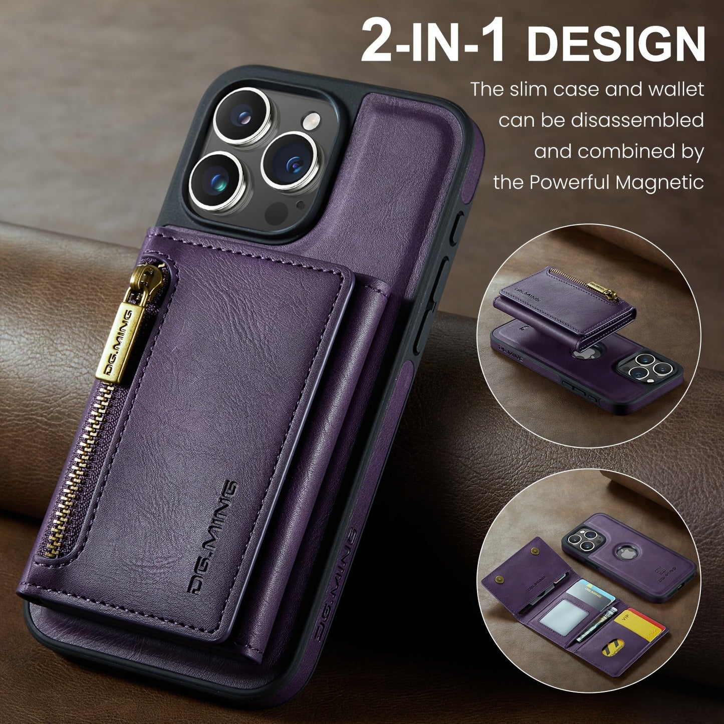 RFID Blocking Leather Wallet Phone Case with Magnetic Detachable Case, Kickstand, Card Holder, and Zipper Pocket for iPhone Series ProMax Plus