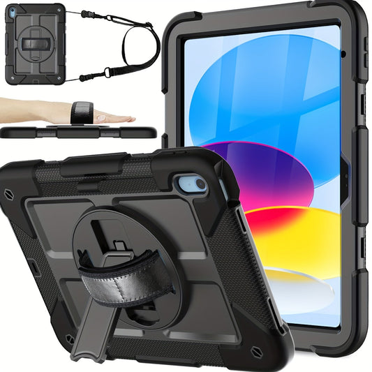 For IPad 10th Generation Case 10.9 Inch 2022 - With Screen Protector, 360 Rotating Stand & Pencil Holder Hand & Shoulder Strap Shockproof IPad 10th Generation Case (iPad 10th Gen), Black