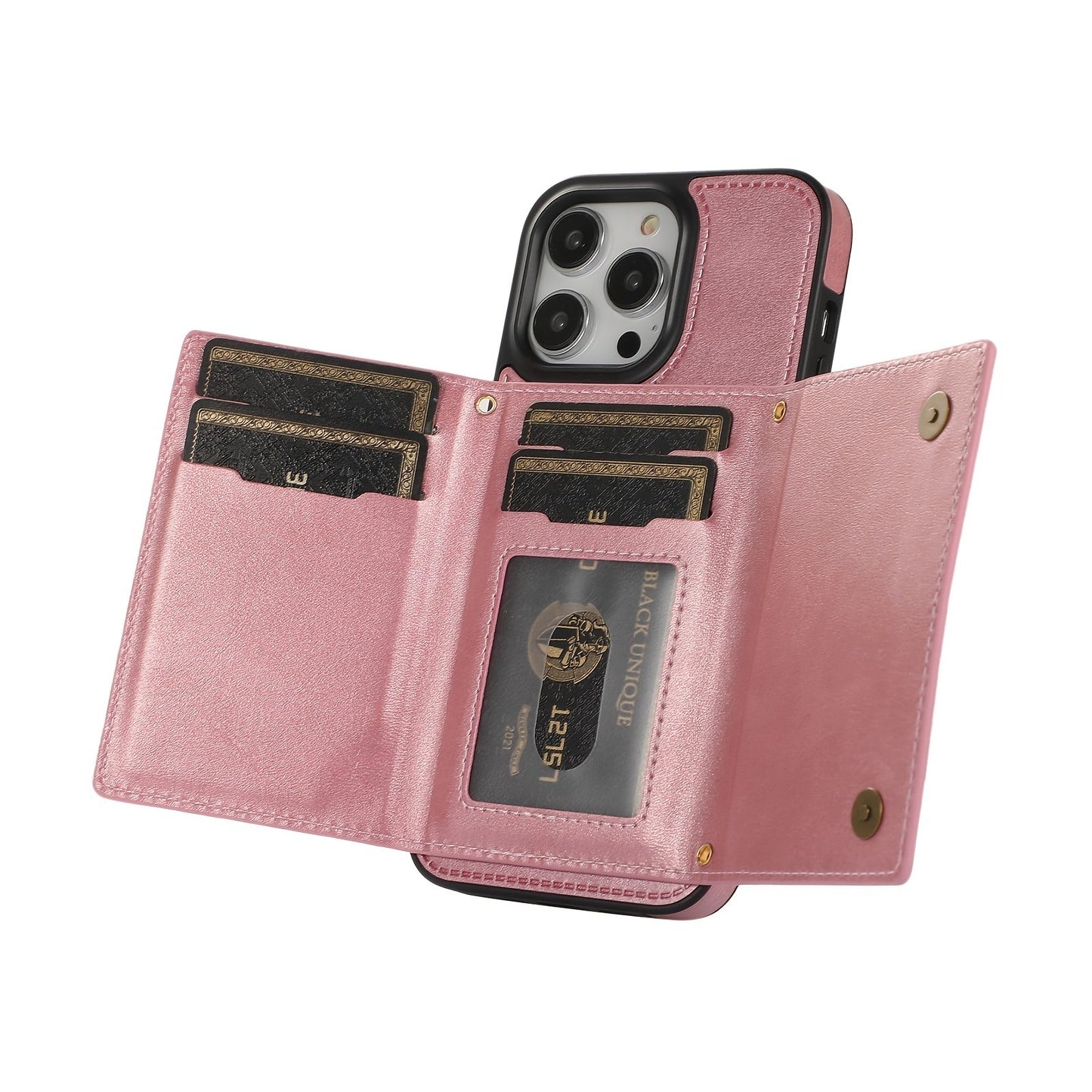 Stylish Leather Wallet Phone Case with Shoulder Strap for iPhone 11/12/13/14 - Pink Bling Design for Women on the Go