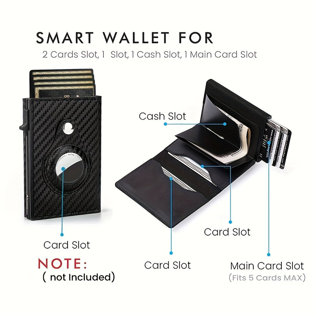 1pc Men's Carbon Fiber Magnetic Card Holder, With Airtag Holder, Leather RFID Three-fold Automatic Card Holder With Zipper Coin Purse