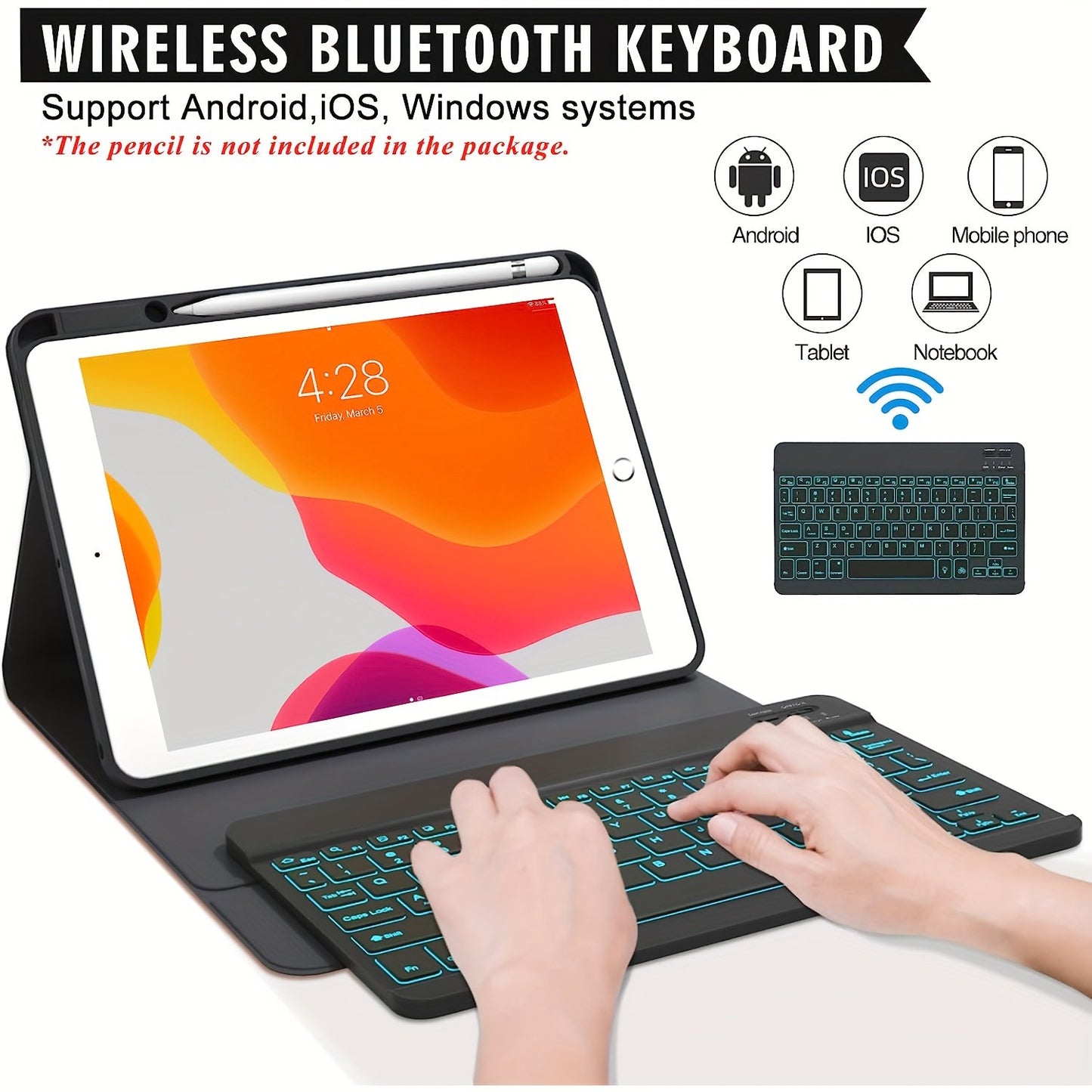 For IPad Case Keyboard, For IPad 9th/8th/7th Gen 10.2 In, IPad Pro, Air 3rd Gen 10.5 In, Detachable Backlit Wireless Keyboard With Magnetic Protective Cover And Built-in Pencil Holder (Black)