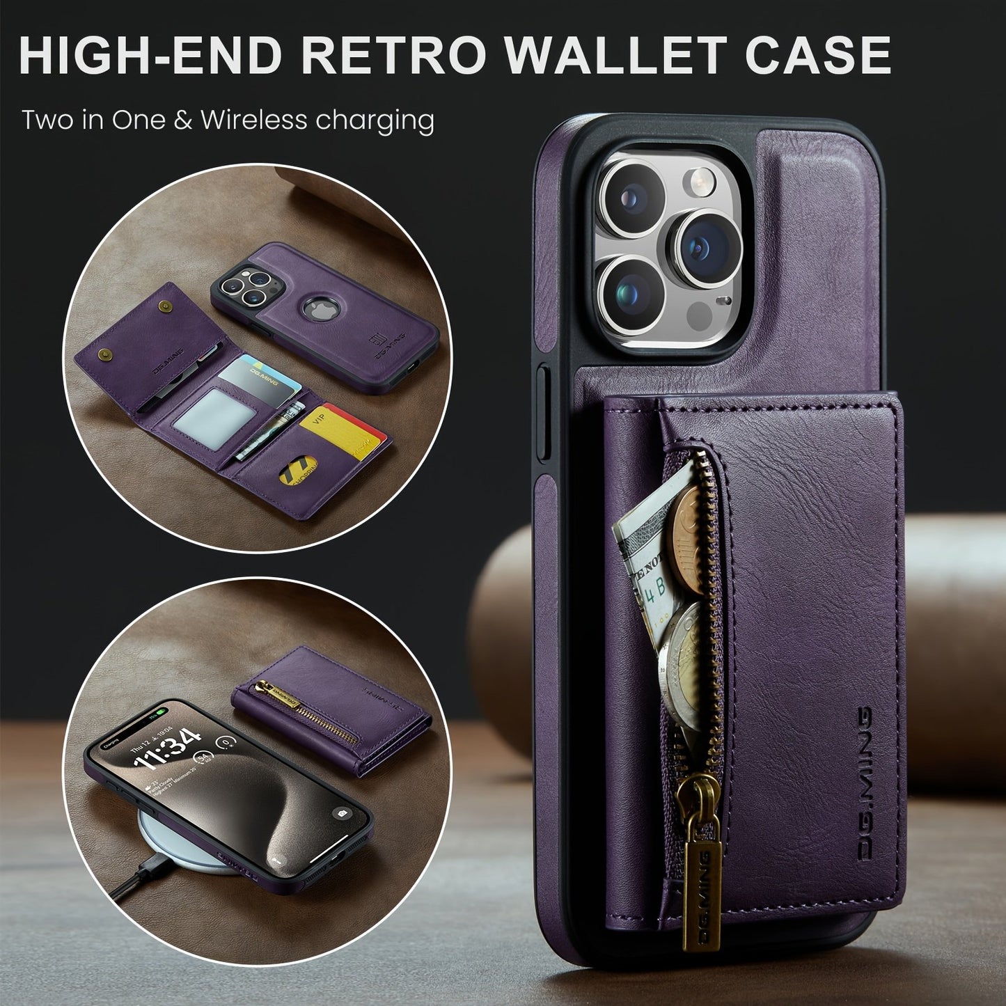 RFID Blocking Leather Wallet Phone Case with Magnetic Detachable Case, Kickstand, Card Holder, and Zipper Pocket for iPhone Series ProMax Plus