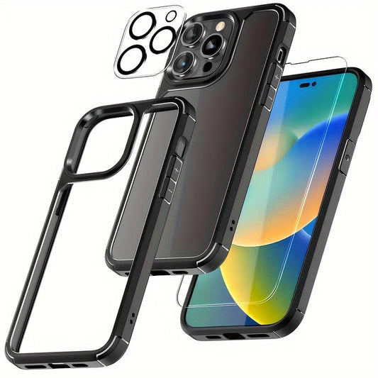 3 In 1 Phone Case With Tempered Glass Screen Protector And Lens Camera Protector For IPhone 15 14 13 12 11 Pro Max Plus Phone Back Cover