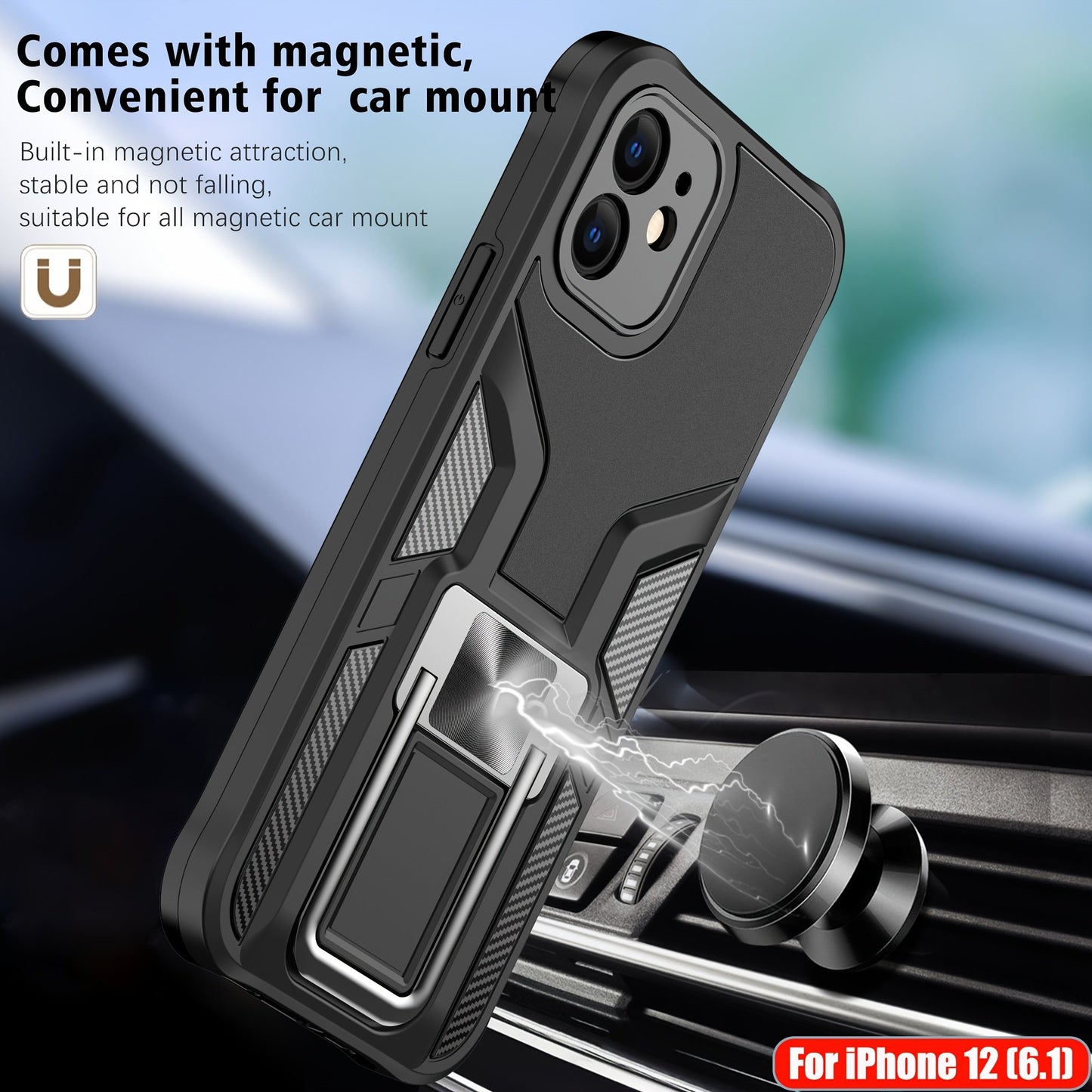 ymxdmd Compatible iPhone 12 Heavy Duty Military Grade Shockproof Kickstand Case Double Protection (TPU+PC) Solid and Durable Magnetic Car Phone Case, Suitable for iPhone 12 6.1 Inches (Black)
