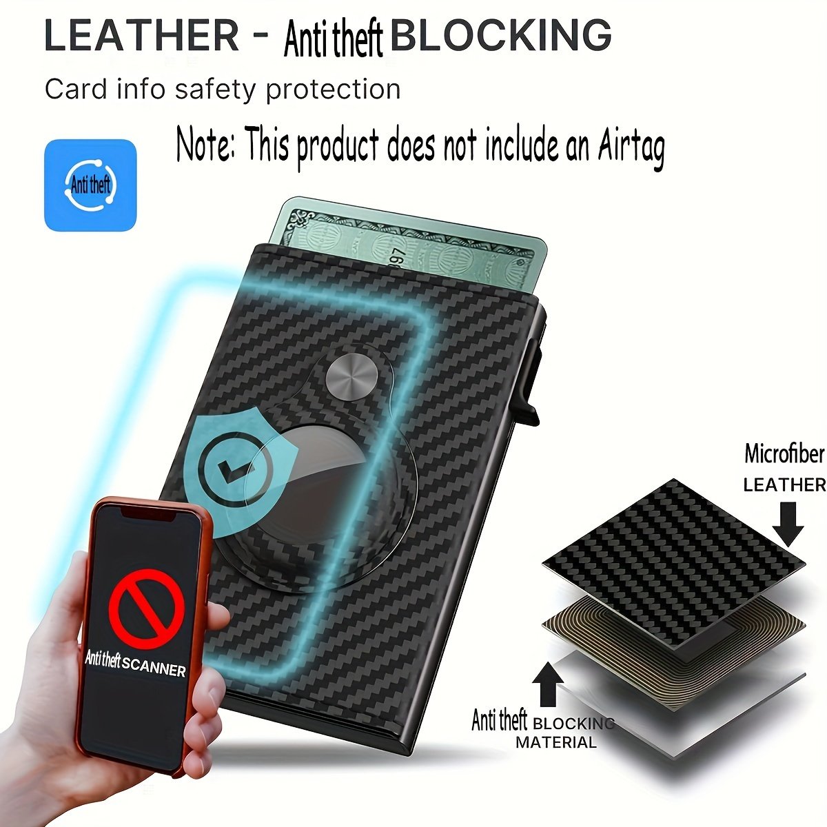 1pc Men's Anti-theft Scan For Airtag, Carbon Fiber Trifold Card Holder, Magnetic Suction Card Box