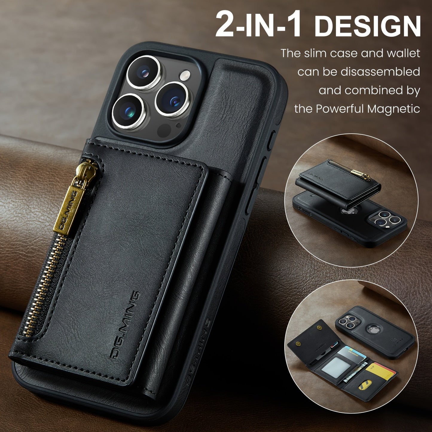 RFID Blocking Leather Wallet Phone Case with Magnetic Detachable Case, Kickstand, Card Holder, and Zipper Pocket for iPhone Series ProMax Plus