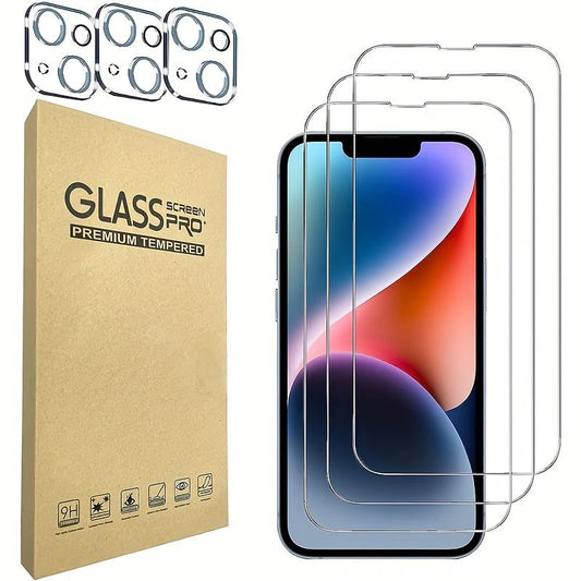 3pcs Tempered Glass Screen Protector With 3pcs Camera Lens Protector Suitable For iPhone 11/12/13/14/15 Series, Ultra-high Definition, 9H Hardness