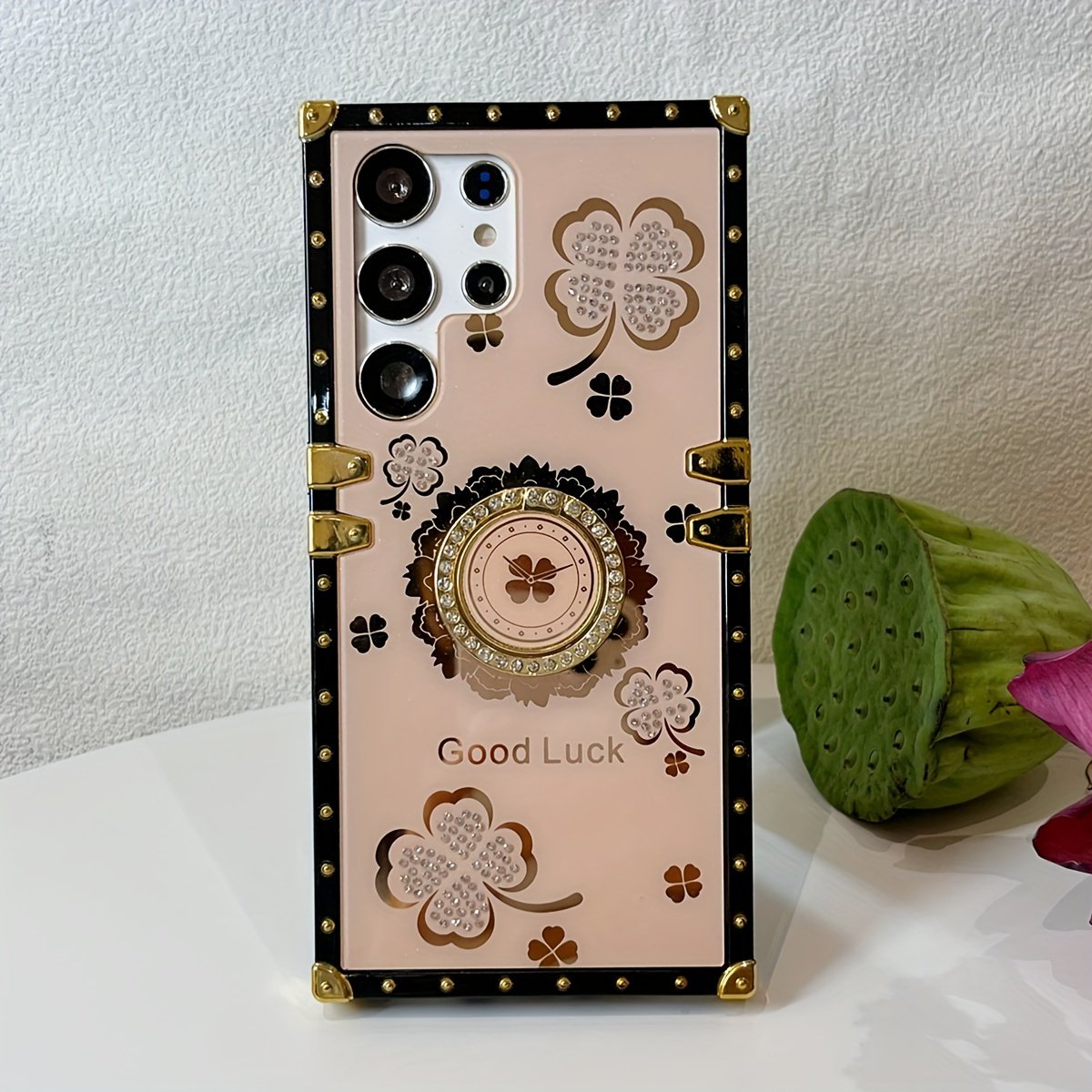 A Square Lucky Four-leaf Clover Stand Gorgeous Fashion Drop Protection Phone Case For IPhone Samsung Phones
