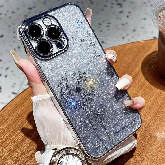 Starry Sky Gradient Dandelion Phone Case, Rhinestone Glitter Phone Case Suitable For IPhone 15 Pro Max/15 Pro/15 Plus/ 15/ 14 Pro Max/ 14Pro/14/ 13 Pro Max/ 13Pro/ 13/12ProMax/ 12Pro/12