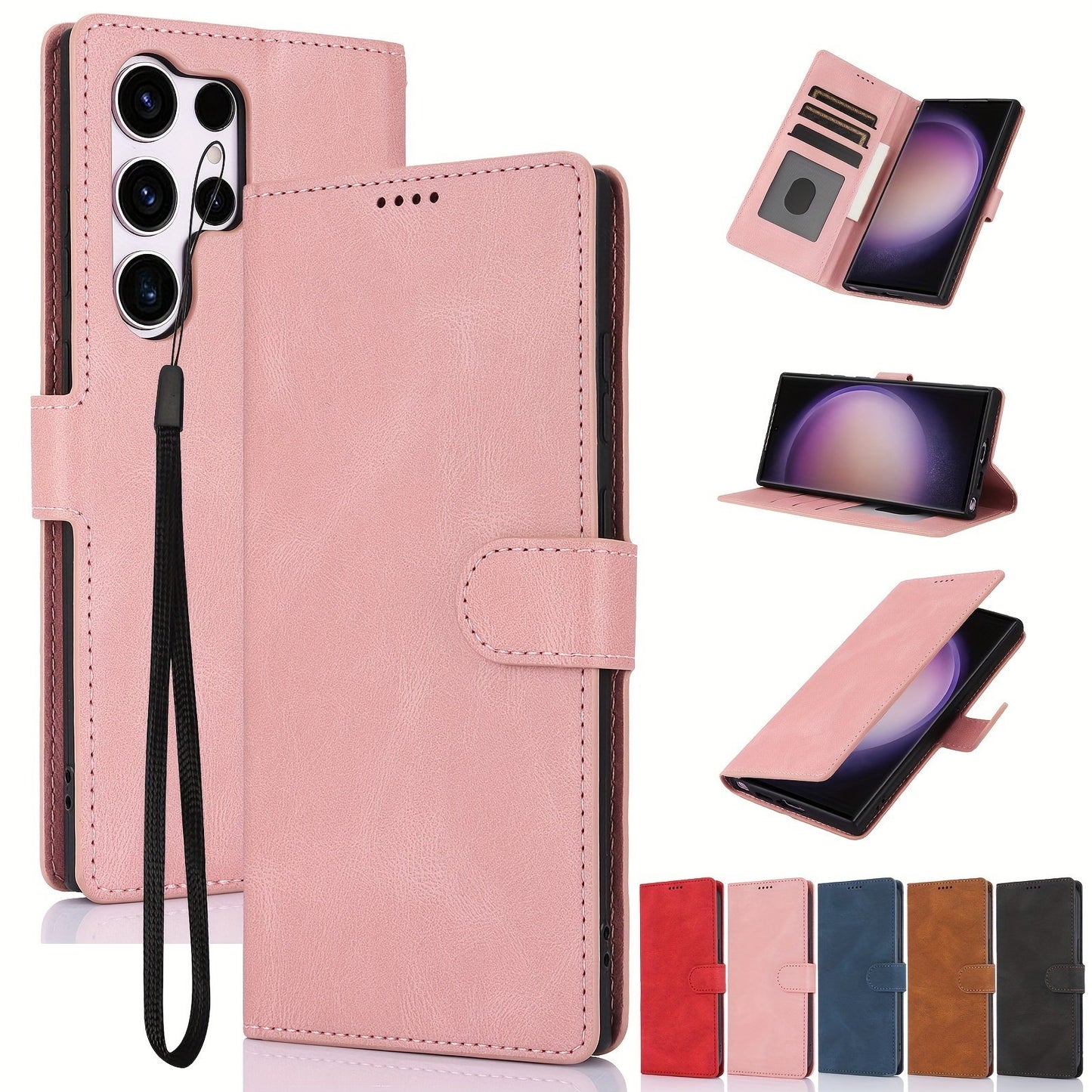 Crossbody Wallet Faux Leather Phone Case For Samsung Galaxy S24 S23 S22 S21 S20 Ultra S24 S10 S9 S8 Plus S23/S21/S20 FE S7 Edge Note 8 9 10 Pro Note 20 Ultra Mattle Flip Credit Card Holder With Short Lanyard Magnetic Buckle Shockproof Protect Cover