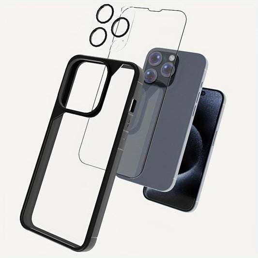 3 In 1 Phone Case With Tempered Glass Screen Protector And Lens Camera Protector For IPhone 15 14 13 12 11 Pro Max Plus Phone Back Cover