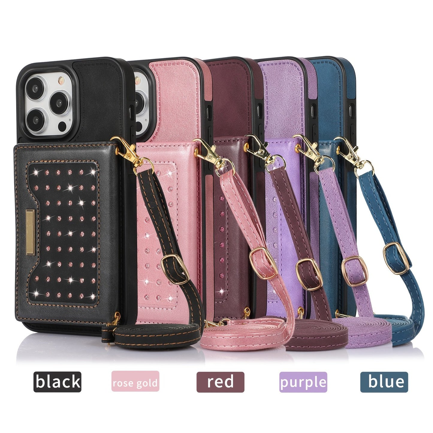 Stylish Leather Wallet Phone Case with Shoulder Strap for iPhone 11/12/13/14 - Pink Bling Design for Women on the Go