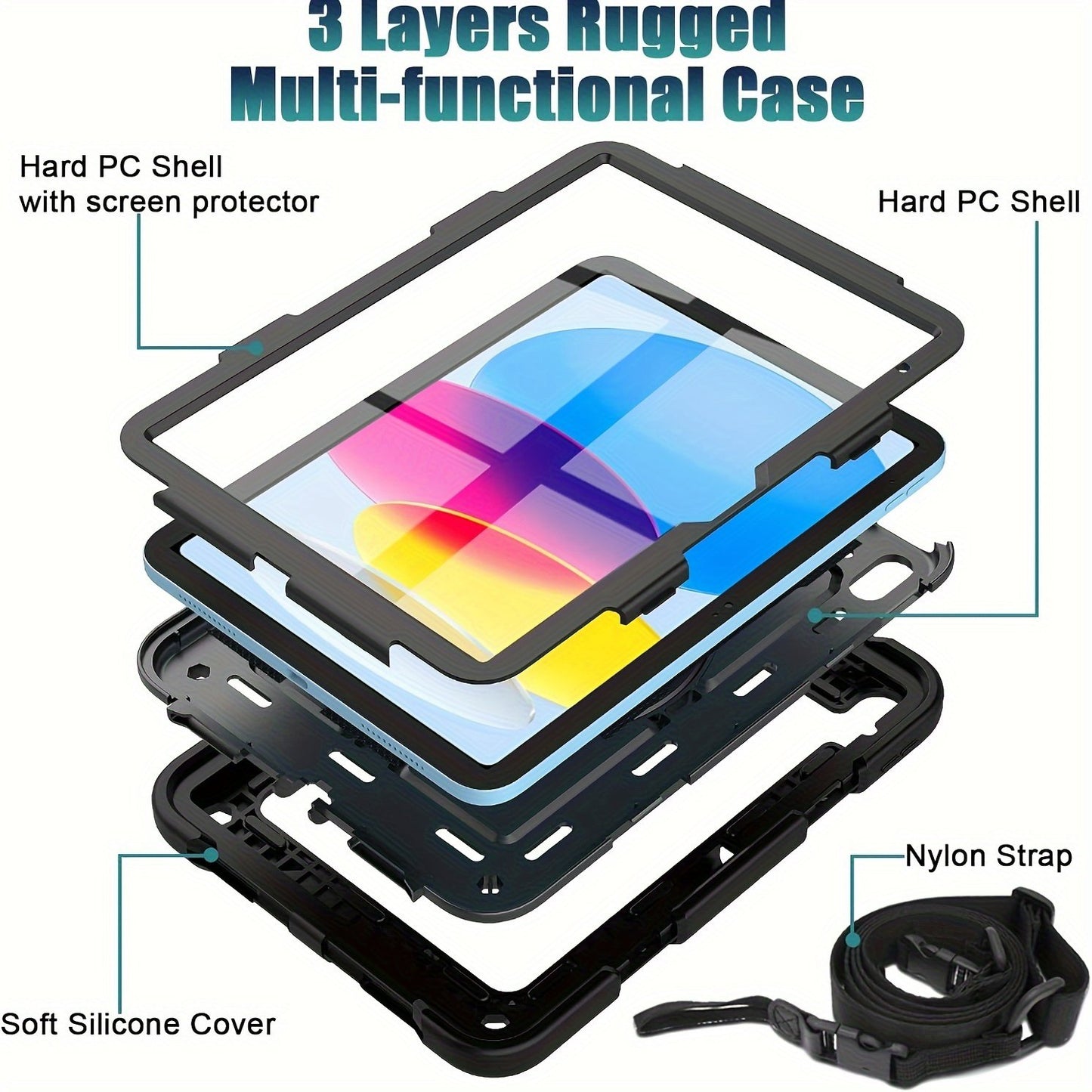 For IPad 10th Generation Case 10.9 Inch 2022 - With Screen Protector, 360 Rotating Stand & Pencil Holder Hand & Shoulder Strap Shockproof IPad 10th Generation Case (iPad 10th Gen), Black