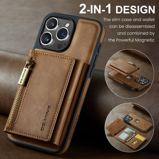 RFID Blocking Leather Wallet Phone Case with Magnetic Detachable Case, Kickstand, Card Holder, and Zipper Pocket for iPhone Series ProMax Plus