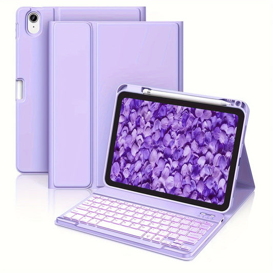 7 colors Backlit Wireless Keyboard Case for iPad 10th Gen 10.9 Inch - Detachable Folio Cover with Pencil Holder - Lavender