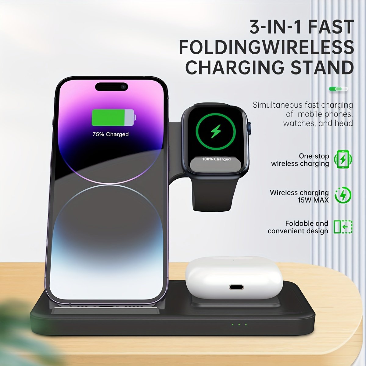 Foldable 3 in 1 fast charging station, 15W Wireless Charger Stand for iPhone 15,14,13,12,11/Pro/Max/Mini/Plus, X, XR, XS/Max, SE,8/Plus, suitable for iWatch 1-9, suitable for Airpods 3/2/Pro