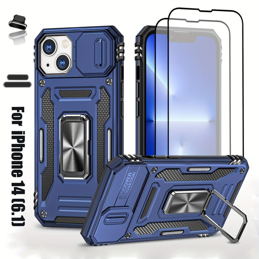 ymxdmd Heavy Duty Case for Apple iPhone 14, Military Grade Dual Layer Hybrid Cushioning Rubber Bumper Protector with Slide Camera Protector, Built-in 360 Degree Swivel Stand -Blue