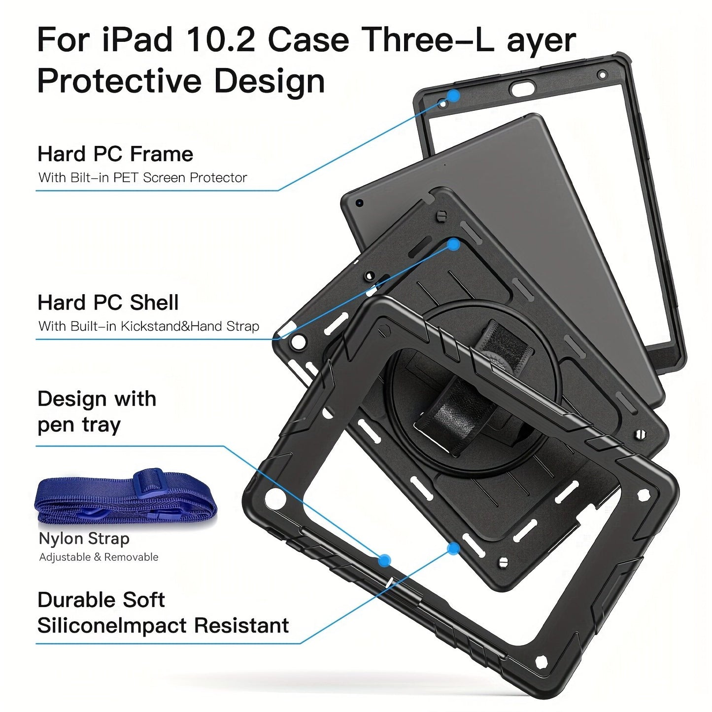 360 Turntable Design Case For IPad 7/8/9 10.2-inch 2019/2020/2021 Protective Case Pen Holder With Bracket Heavy Duty Shockproof And Falling Protection Case For IPad 7/8/9 10.2-inch 2019/2020/2021 Protective Case With Pen Slot