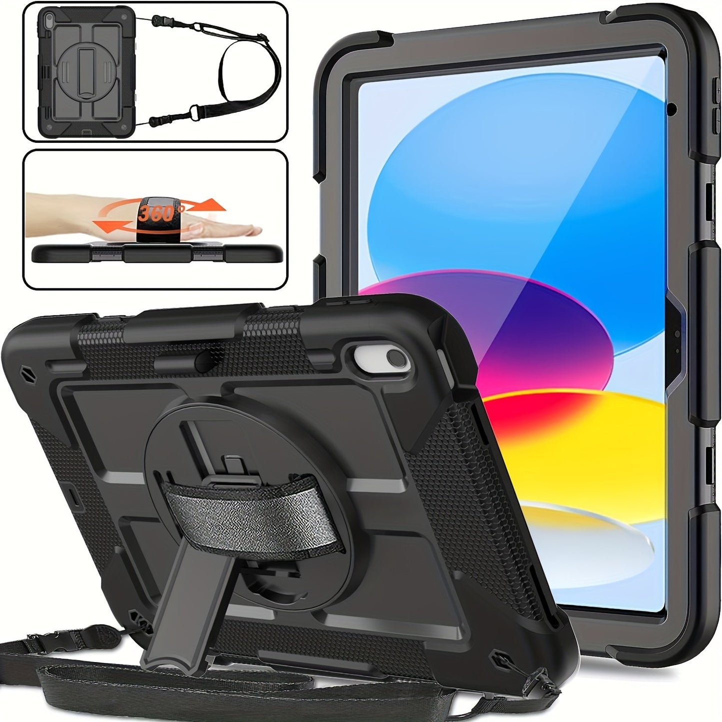 For IPad 10th Generation Case 10.9 Inch 2022 - With Screen Protector, 360 Rotating Stand & Pencil Holder Hand & Shoulder Strap Shockproof IPad 10th Generation Case (iPad 10th Gen), Black