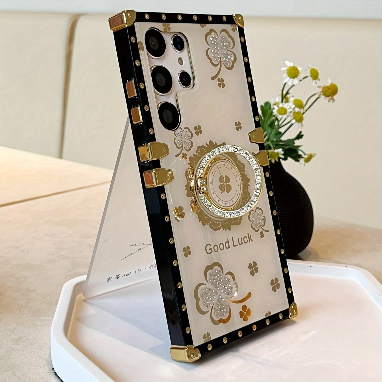 A Square Lucky Four-leaf Clover Stand Gorgeous Fashion Drop Protection Phone Case For IPhone Samsung Phones