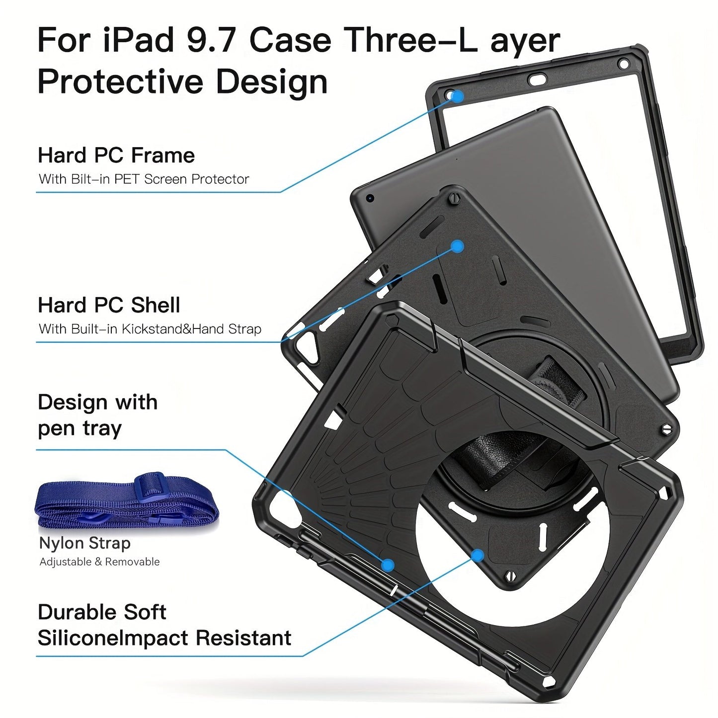 Suitable For IPad 5th/6th 9.7-inch 2017 And 2018 Model Year Protective Cases, Air2/pro9.7 Silicone Handheld Rotatable Stand With Screen Protector, Hand Strap Protective Case, And Anti Drop Protective Case