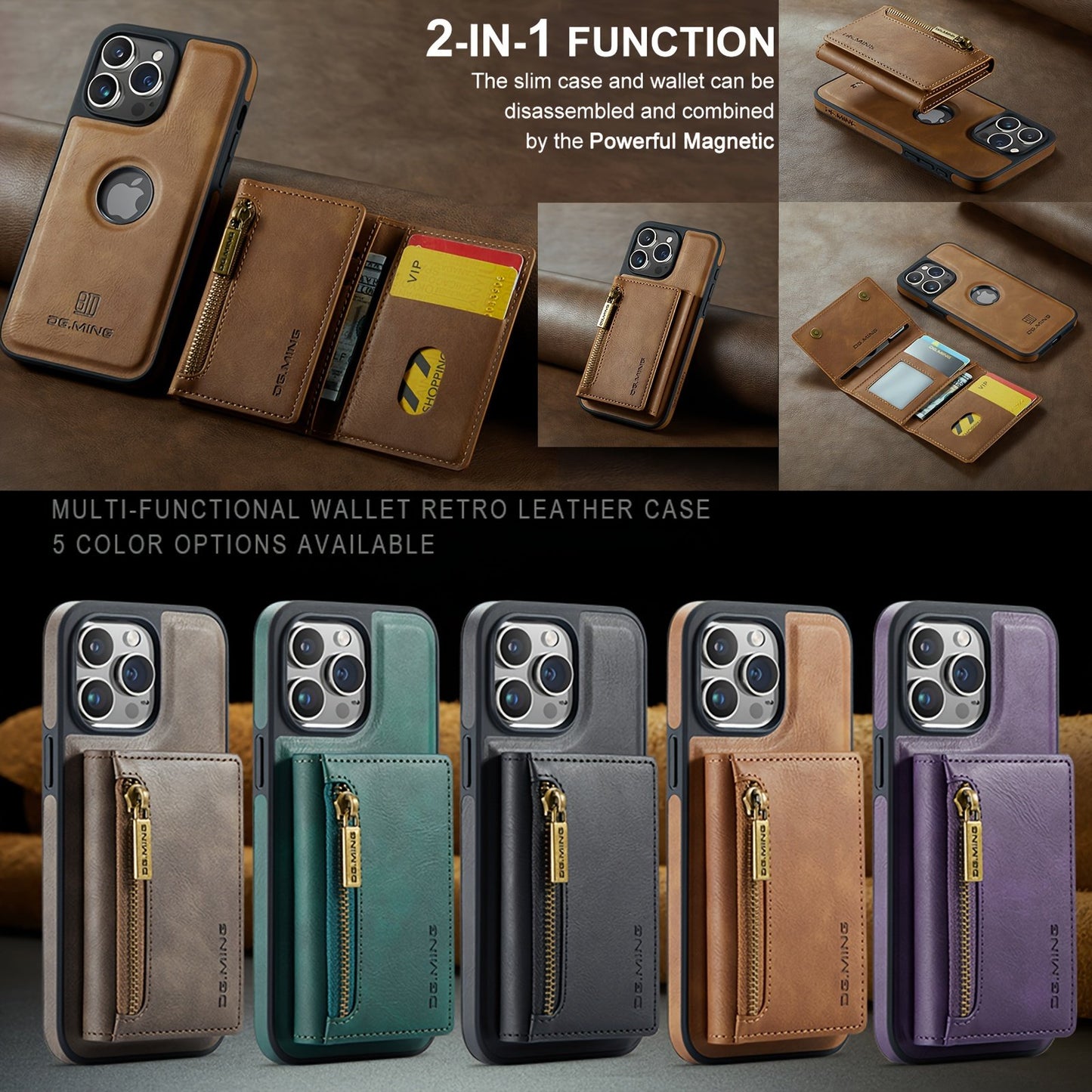 RFID Blocking Leather Wallet Phone Case with Magnetic Detachable Case, Kickstand, Card Holder, and Zipper Pocket for iPhone Series ProMax Plus