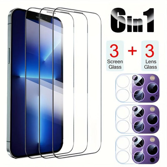 3pcs Clear Tempered Glass + 3pcs Full Cover Camera Lens Glass For IPhone 11 12 13 14 Pro Max 14 Plus 15 15pro Screen Protector Film