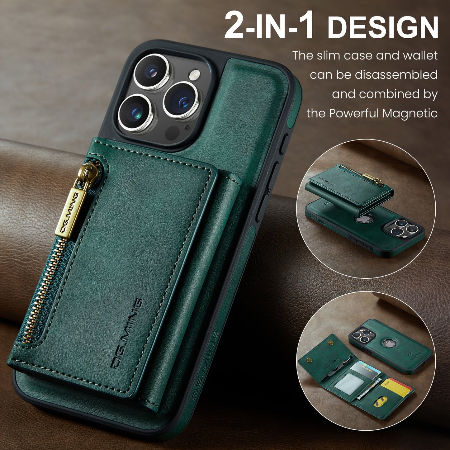 RFID Blocking Leather Wallet Phone Case with Magnetic Detachable Case, Kickstand, Card Holder, and Zipper Pocket for iPhone Series ProMax Plus