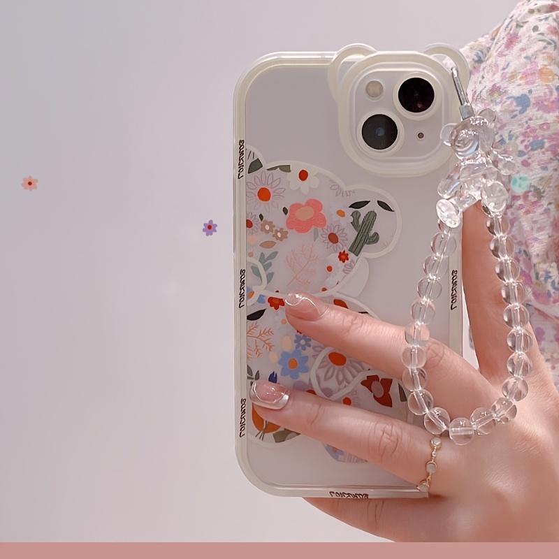 Cute Cartoon Bear & Flower Pattern Phone Case with Bead Bracelet for iPhone 13/11/14 Pro Max/12 XR/XS/7/8 Plus SE 2020/2022 SE/Mini 2022