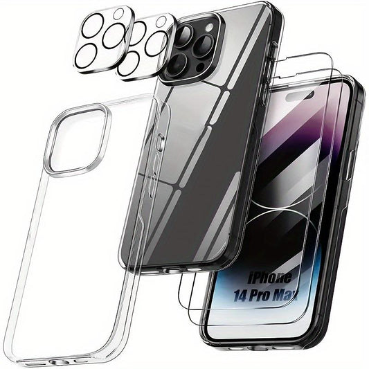 5 in 1 Clear Case for iPhone 11/11 Pro/11 Pro Max/12/12 Pro/12 Pro Max/13/13 Pro/13 Pro Max/14/14 Pro/14 Plus/14 Plus/14 Pro Max/15/15 Pro/15 Plus/15 Pro Max Case with 2X Tempered Glass Screen Protector + 2X Camera Lens Protector, Military Grade case