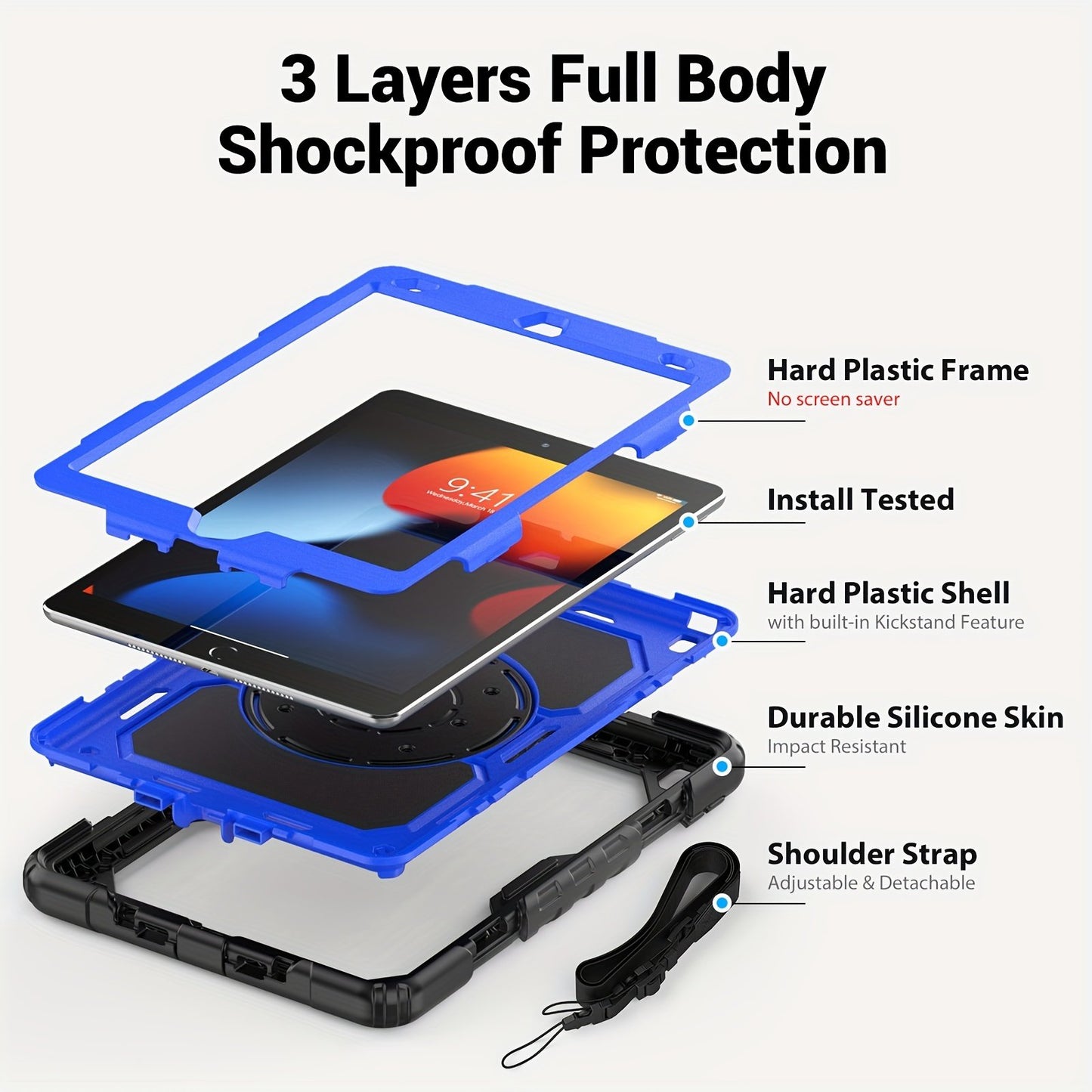 Case For IPad 5th/6th/7th/8th/9th/10th Generation Case Mini 6 For IPad Pro 11 For IPad 10.2 For IPad 10.9, Heavy Duty Shockproof Protective Case. No Screen Protector, With Stand, Hand/Shoulder Strap And Pen Holder, Dark Blue